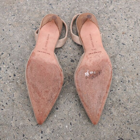 Manolo Blahnik Beige Linen Slingback Mules IT 36.5 Carrie Bradshaw Heels - Picture 8 of 9